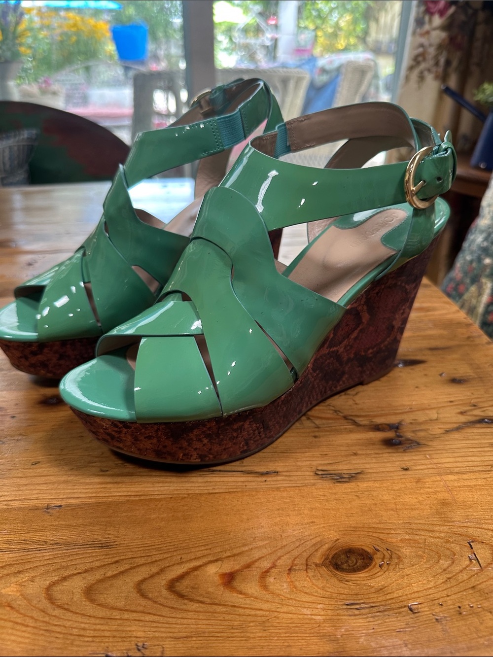 Joan and David Women’s Green/turquise Patent Wedge 4” Sandals with Buckle